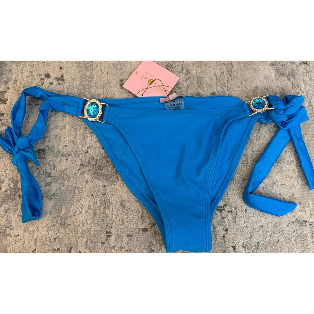 Moda Minx Seychello Crystal Bikini Bottoms Blue Side Tie Swim Small NWT